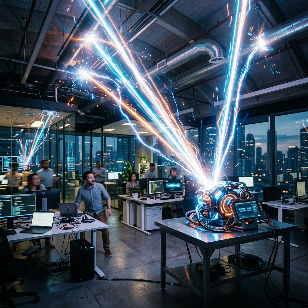 Advanced energy device shooting vivid blue and orange beams in office workspace