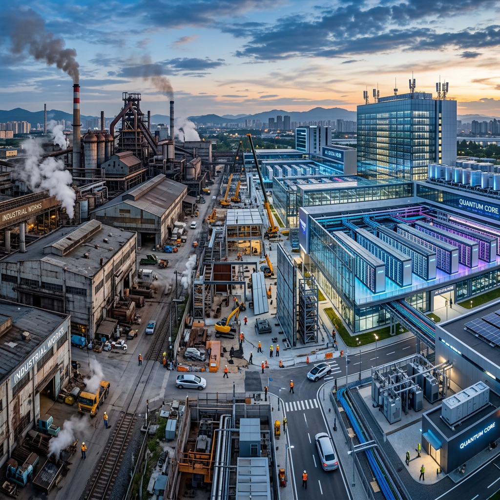 Industrial factory with smokestacks emitting smoke adjacent to a brightly lit modern quantum computing center.