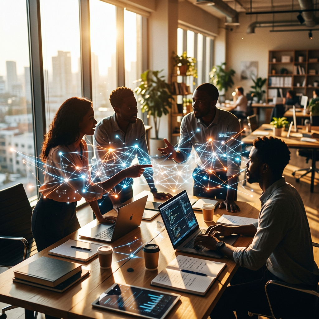 Four professionals working together with digital network connections visualized