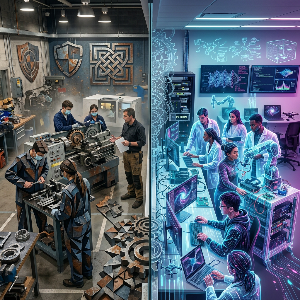Engineering students working with machining tools and robotics in a lab and workshop environment