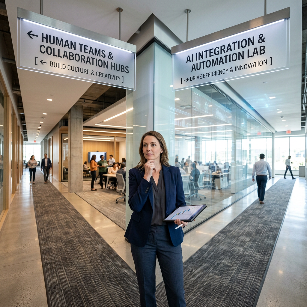 Professional woman holding a tablet at hallway intersection with signs for Human Teams & Collaboration Hubs and AI Integration & Automation Lab