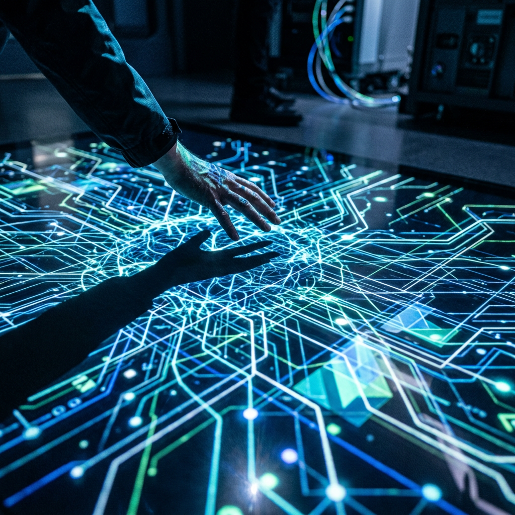 Hand reaching over glowing digital circuit board interface