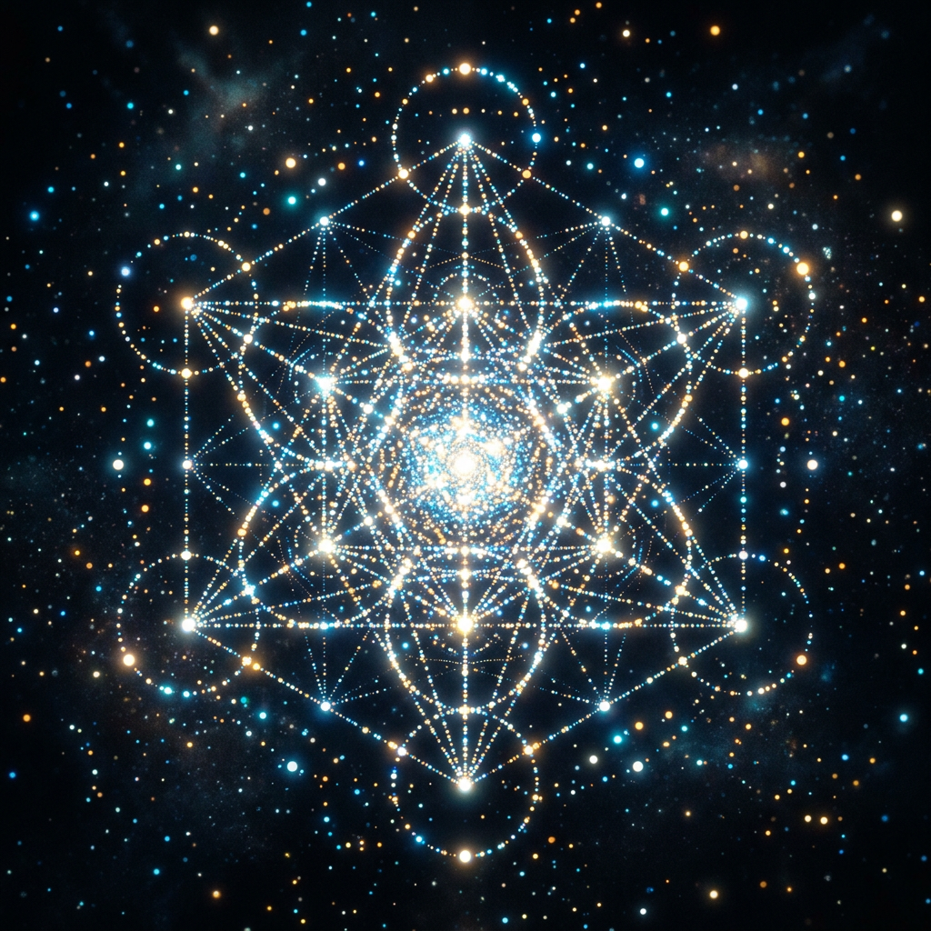 Glowing geometric star pattern composed of interconnected points of light on a dark cosmic background