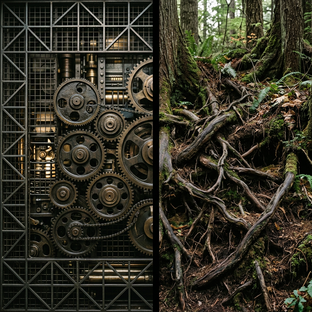 Split scene: gears grids vs forest roots