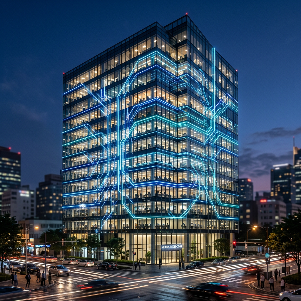 Glass office building with blue neon circuit design and cars at night on the street