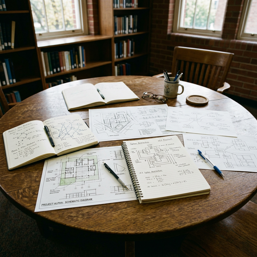 Architectural plans, notebooks, pens, and coffee arranged on library table