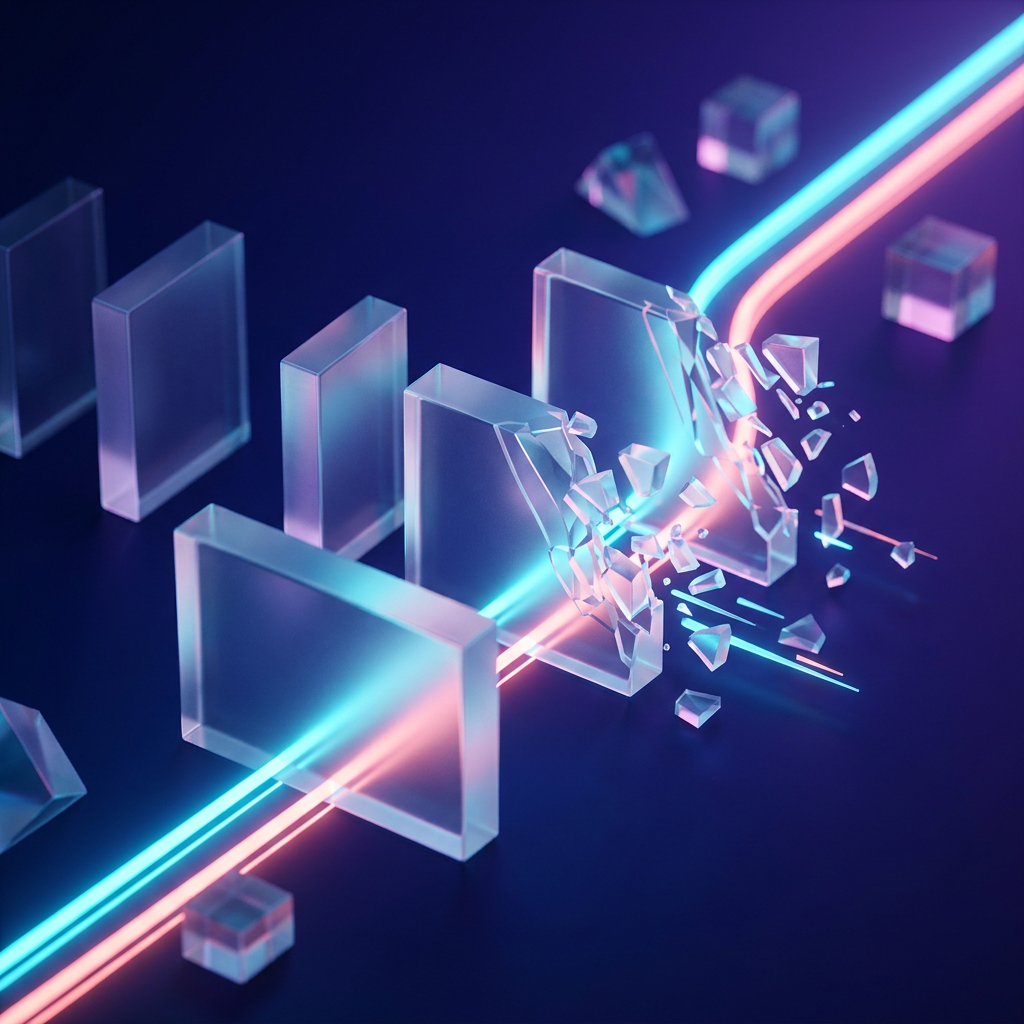 Neon cyan and pink beams breaking through translucent glass barriers