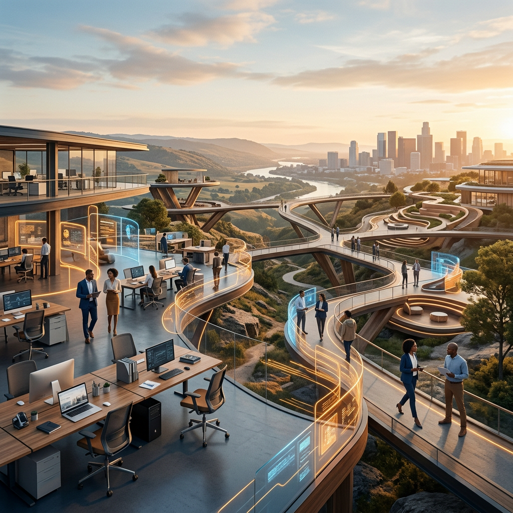 People working in a futuristic office campus above elevated walkways and a river valley